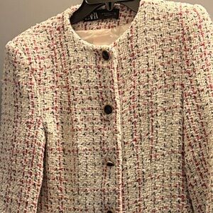Zara Women's Tweed Blazer - White and Pink